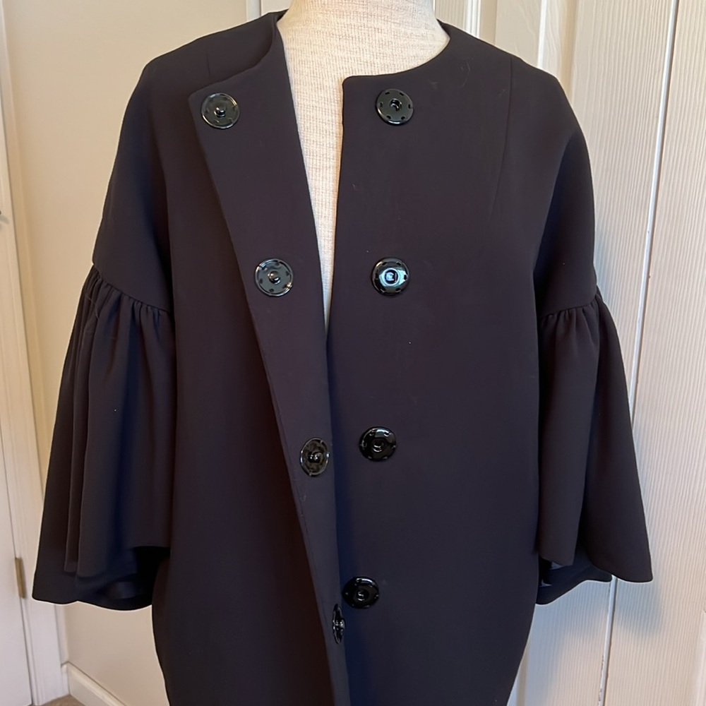 Milly Black Collarless Ruffled Three Quarter Bell Sleeve Snap Coat Size Small
